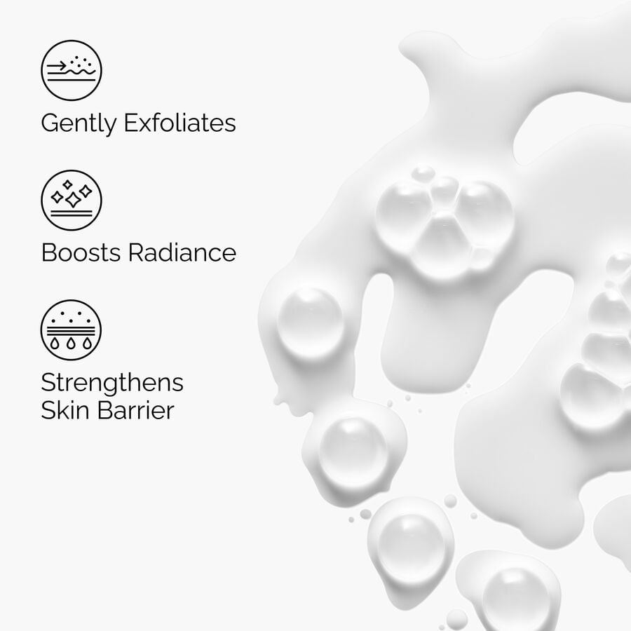 A graphic of The Ordinary's Milky Toner benefits over a milky texture. Icons show that it Gently Exfoliates, Boosts Radiance, and Strengthens the Skin Barrier.